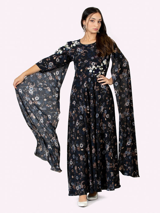 navy blue long flair sleeved printed flair gown with floral applique work