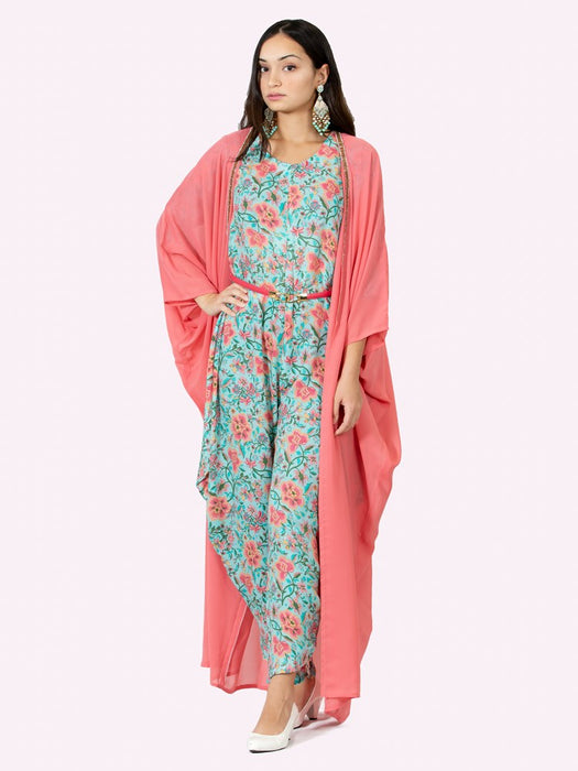 turquoise printed jumpsuit with stone embellished cape