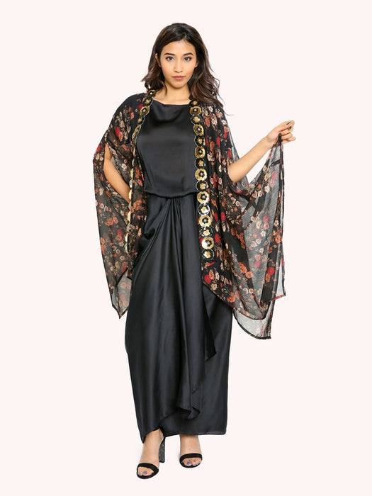 black printed cape with drape dress 2 piece set
