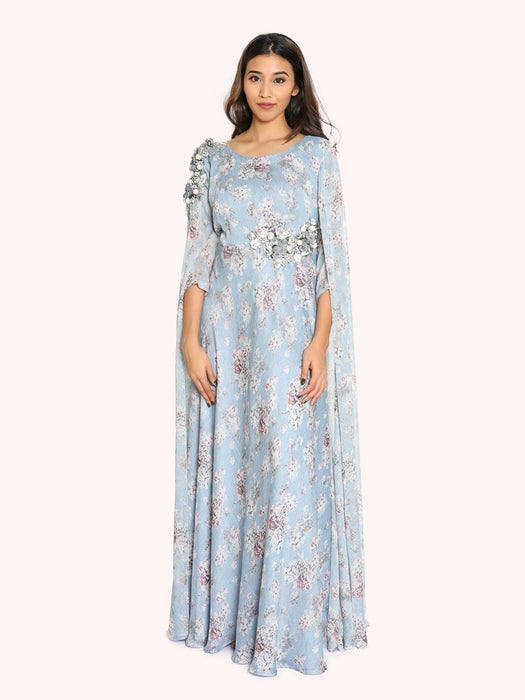 pastel blue floral printed  double sleeved gown