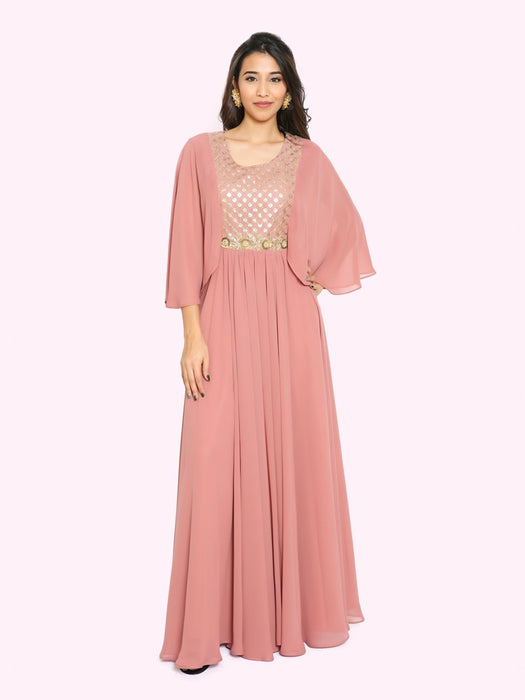 dusty coral flair sleeved  gown with sequence work