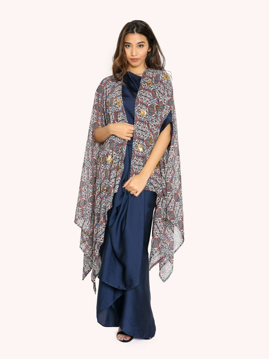 navy blue drape gown with printed cape 2 piece set