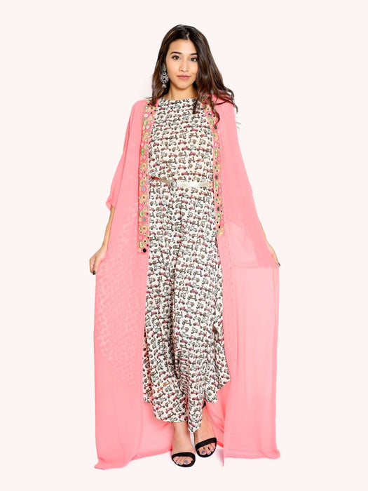 scooty print harem jumpsuit with cape