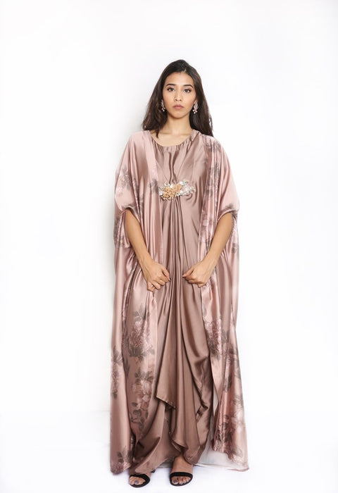 beige pleated gown with floral print kaftan 2 piece set