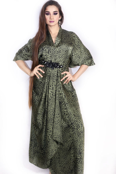 green jaguar print gown with flower  and applique