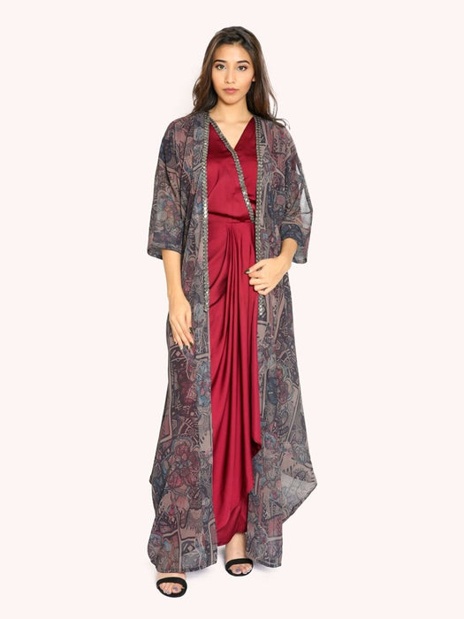 boho print cape with maroon pleat gown with beads work