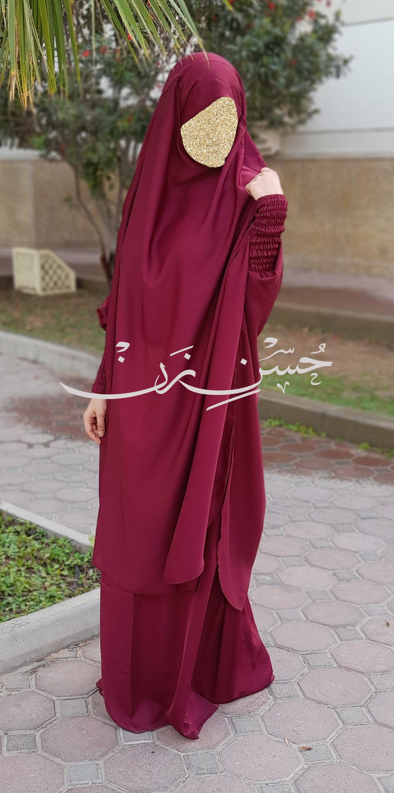 Burgundy 3 Piece Jilbab Elastic Sleeves