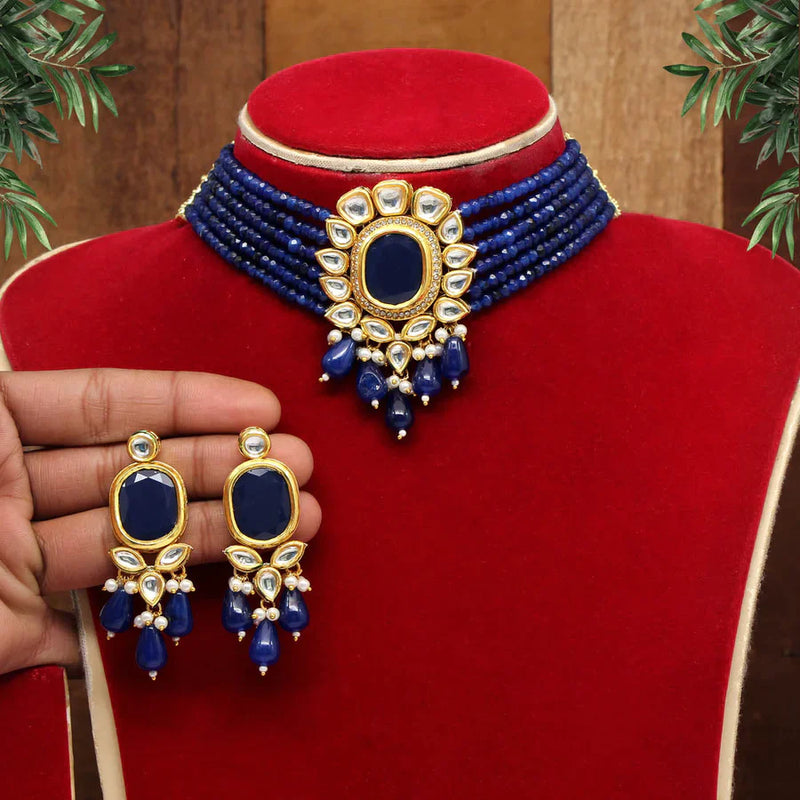 Blue Color Choker American Diamond Necklaces Set (CZN473BLU) - Blue