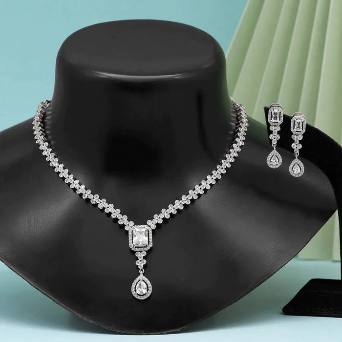 Silver Color American Diamond Necklace Set (CZN801SLV ) - Silver