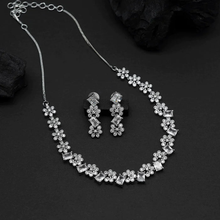 Silver Color American Diamond Necklace Set (CZN819SLV ) - Silver