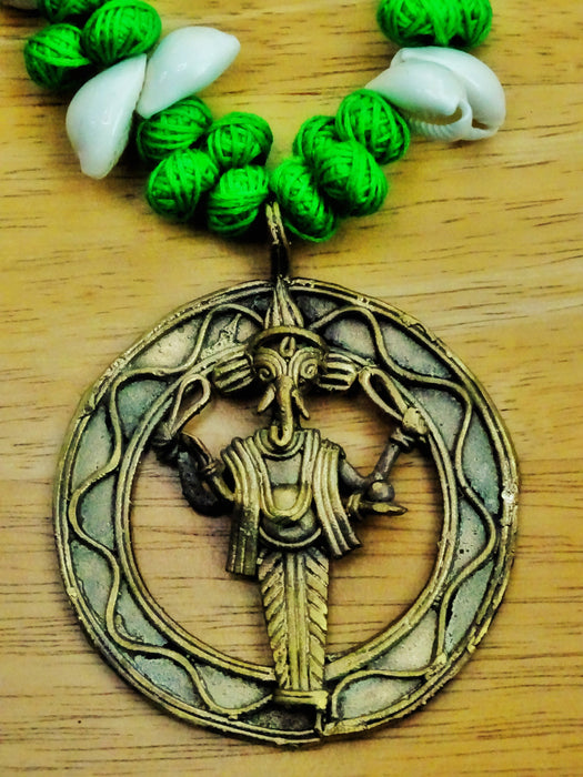 Ethnic Handcrafted Green Threaded Dokra Necklace - Ganesh Pendant