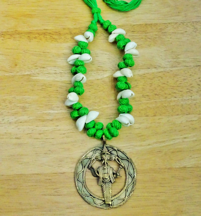 Ethnic Handcrafted Green Threaded Dokra Necklace - Ganesh Pendant