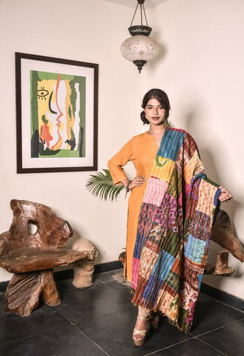 Kantha Stitched Work on Cotton Patched Stole
