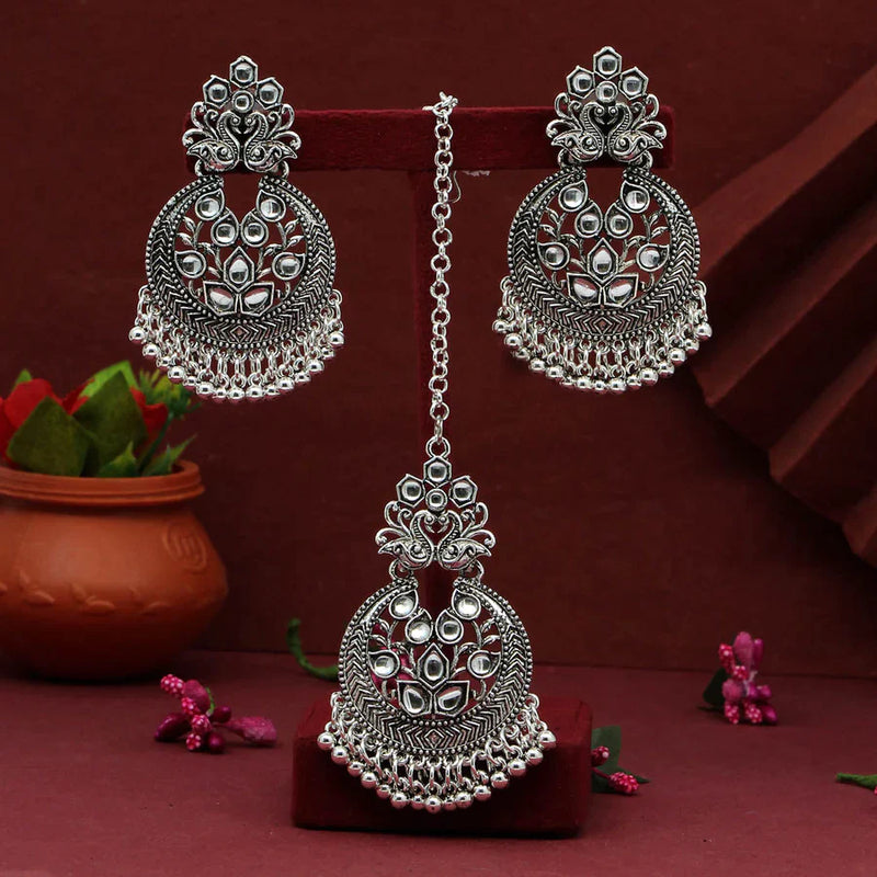 Silver Color Oxidised Earrings Tikka Set (GSMTE133SLV) - Silver