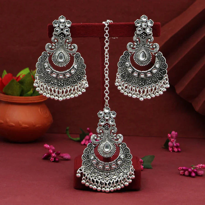 Silver Color Oxidised Earrings Tikka Set (GSMTE134SLV) - Silver