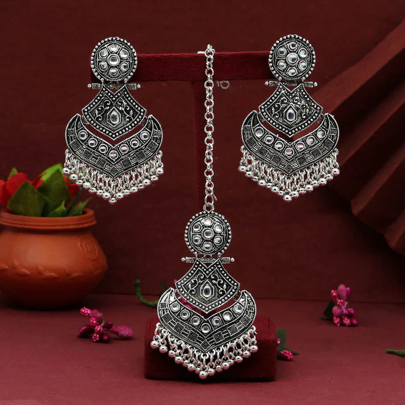 Silver Color Oxidised Earrings Tikka Set (GSMTE136SLV) - Silver