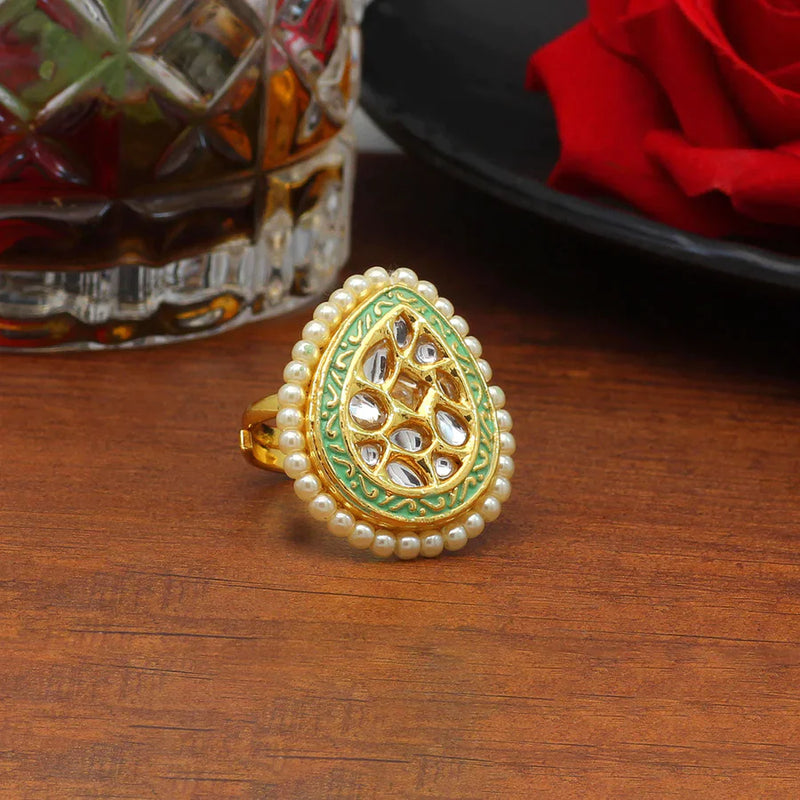 Parrot Green Color Kundan Meenakari Finger Ring For Women (KMR749PGRN) - Parrot Green