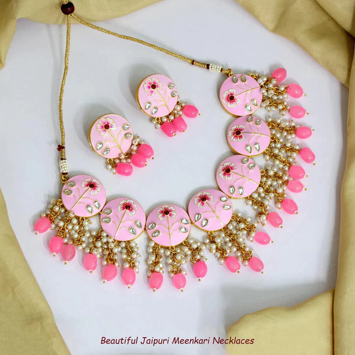Pink Color Kundan Meenakari Necklace Set (MKN363PNK) - Pink