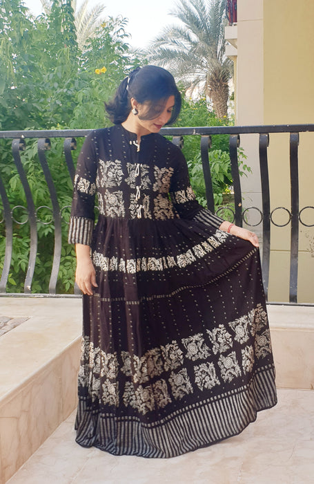 Black printed one piece long kurta to be worn as dress or kurta
