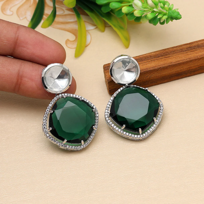 Green Color Premium American Diamond Earrings (PADE418GRN) - Green