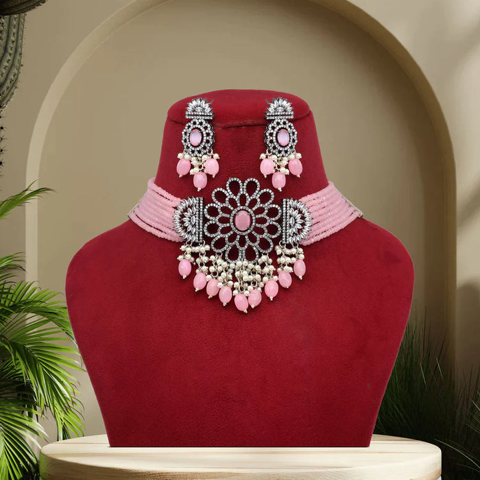 Pink Color Black Silver Brass Premium American Diamond Choker Necklace Set (PCZN676PNK) - Pink