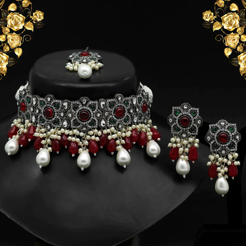 Maroon & Green Color Black Silver Brass Premium American Diamond Choker Necklace Set (PCZN680MG) - Maroon & Green