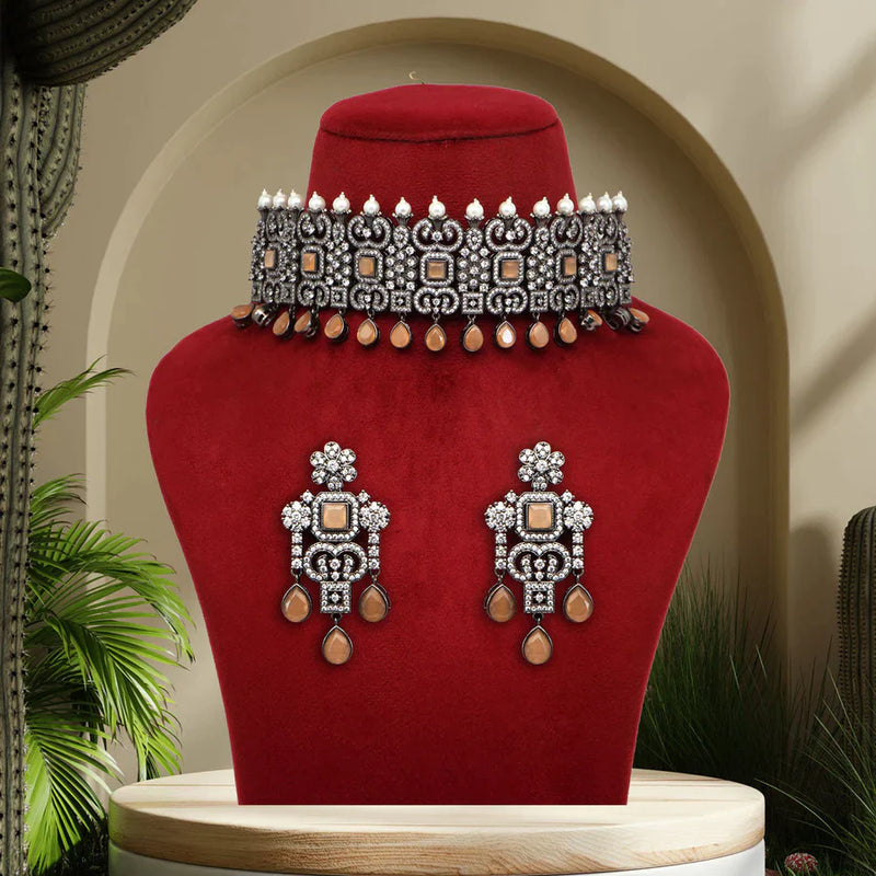 Brown Color Black Silver Brass American Diamond Choker Necklace Set (PCZN683BRW) - Brown
