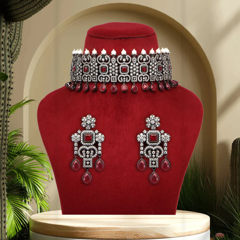 Maroon Color Black Silver Brass American Diamond Choker Necklace Set (PCZN683MRN) - Maroon