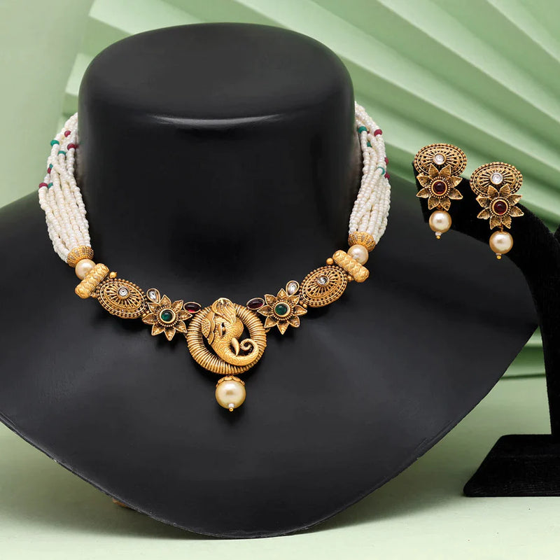 Rani & Green Color Choker Matte Gold Necklace Set (TPLN489RNIGRN) - Rani & Green