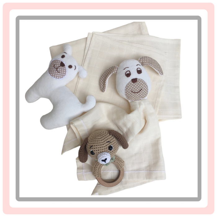 Handmade  Baby Gift  SET  with Dog  Set Pieces :   Muslin Blanket